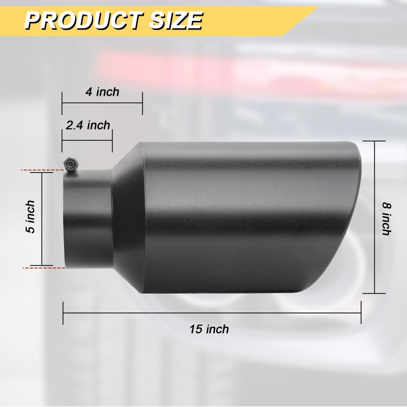 Vurkcy 5 inch Inlet Exhaust Tip, 8" Outlet 15" Overall Length Stainless Steel Exhaust Tail Pipe, Bolt-On, Rolled Edge, Slant Sleek Angle Cut, Polished Tailpipe, Black - Image 3