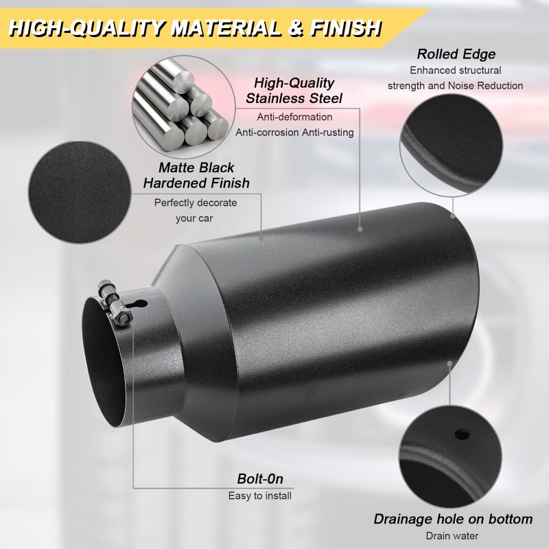 Vurkcy 5 inch Inlet Exhaust Tip, 8" Outlet 15" Overall Length Stainless Steel Exhaust Tail Pipe, Bolt-On, Rolled Edge, Slant Sleek Angle Cut, Polished Tailpipe, Black - Image 2