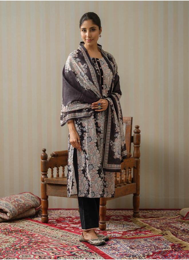 DW Floral Printed Lace Inserts Kurta with Palazzos and Dupatta Set by Styli  - Image 4