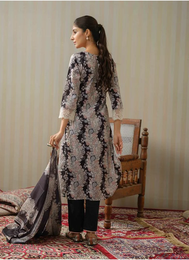 دي دبليو Floral Printed Lace Inserts Kurta with Palazzos and Dupatta Set by Styli