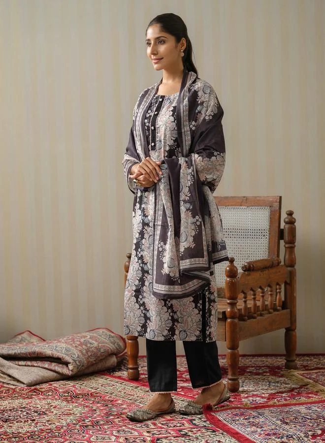 DW Floral Printed Lace Inserts Kurta with Palazzos and Dupatta Set by Styli
