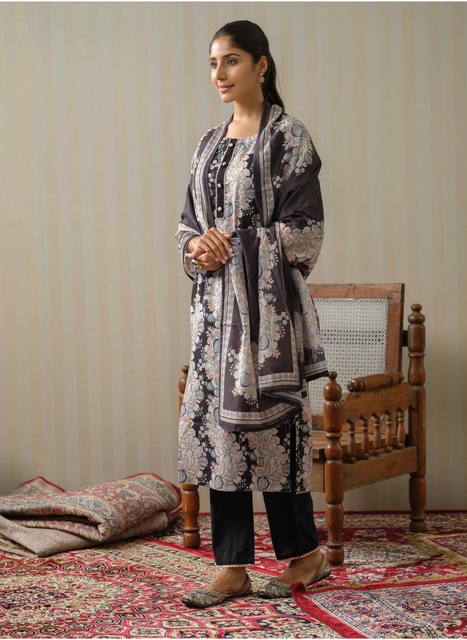 DW Floral Printed Lace Inserts Kurta with Palazzos and Dupatta Set by Styli  - Image 3