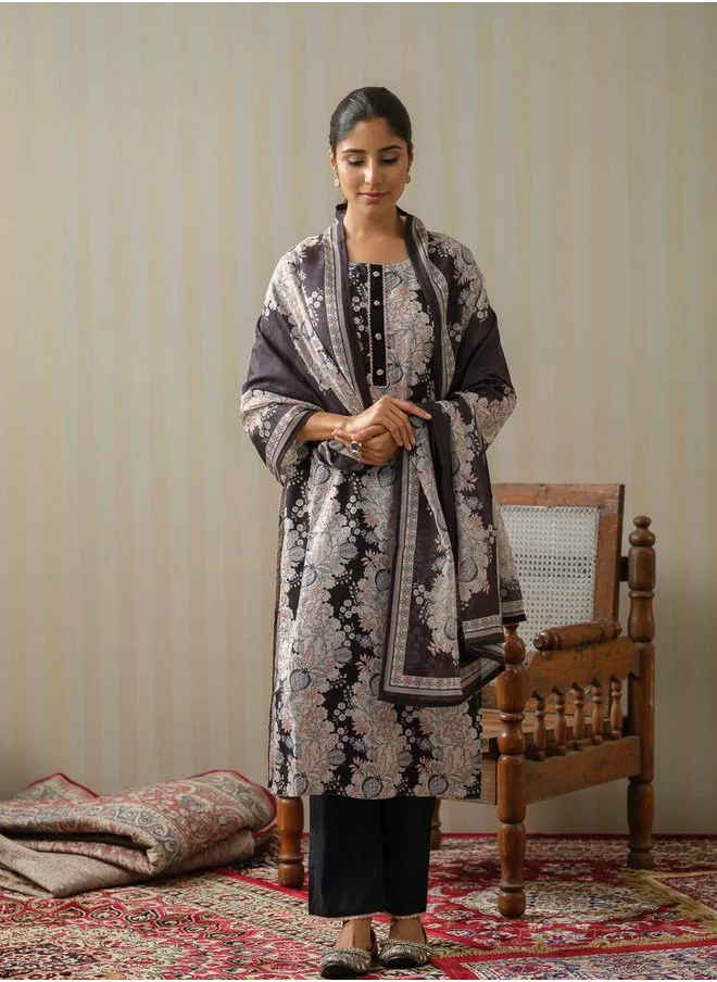 دي دبليو Floral Printed Lace Inserts Kurta with Palazzos and Dupatta Set by Styli