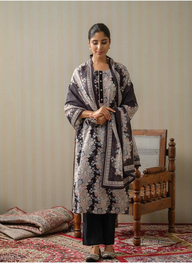 DW Floral Printed Lace Inserts Kurta with Palazzos and Dupatta Set by Styli  - Image 1