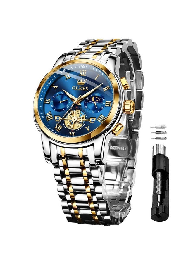 أوليفز ساعات  للرجال كرونوغراف أعمال زرقاء ساعات يد كوارتز تناظرية بمرحلة القمر من الفولاذ المقاوم للصدأ ساعات رسمية مضيئة مقاومة للماء - Image 1