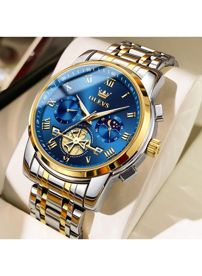 أوليفز ساعات  للرجال كرونوغراف أعمال زرقاء ساعات يد كوارتز تناظرية بمرحلة القمر من الفولاذ المقاوم للصدأ ساعات رسمية مضيئة مقاومة للماء - Image 3