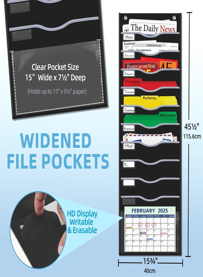 ALSLEA 11 Pockets Hanging Wall File Organizer 15" Extra Wide Pocket Chart for Classroom, Office, Home, Mail Organizer Wall Mounted with 1 Writable Clear Pocket, 5 Wall/Door Hooks & 12 Labels (Black) - Image 2