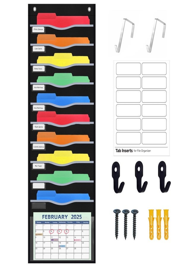 ALSLEA 11 Pockets Hanging Wall File Organizer 15" Extra Wide Pocket Chart for Classroom, Office, Home, Mail Organizer Wall Mounted with 1 Writable Clear Pocket, 5 Wall/Door Hooks & 12 Labels (Black) - Image 1