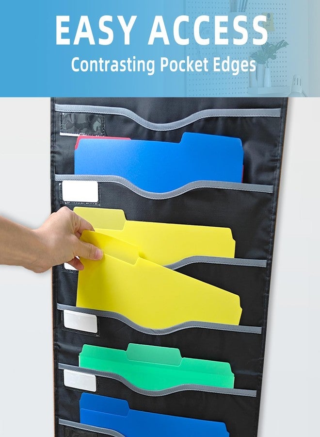 ALSLEA 11 Pockets Hanging Wall File Organizer 15" Extra Wide Pocket Chart for Classroom, Office, Home, Mail Organizer Wall Mounted with 1 Writable Clear Pocket, 5 Wall/Door Hooks & 12 Labels (Black) - Image 3