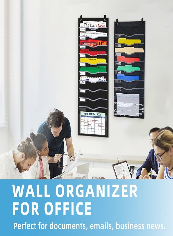 ALSLEA 11 Pockets Hanging Wall File Organizer 15" Extra Wide Pocket Chart for Classroom, Office, Home, Mail Organizer Wall Mounted with 1 Writable Clear Pocket, 5 Wall/Door Hooks & 12 Labels (Black) - Image 4