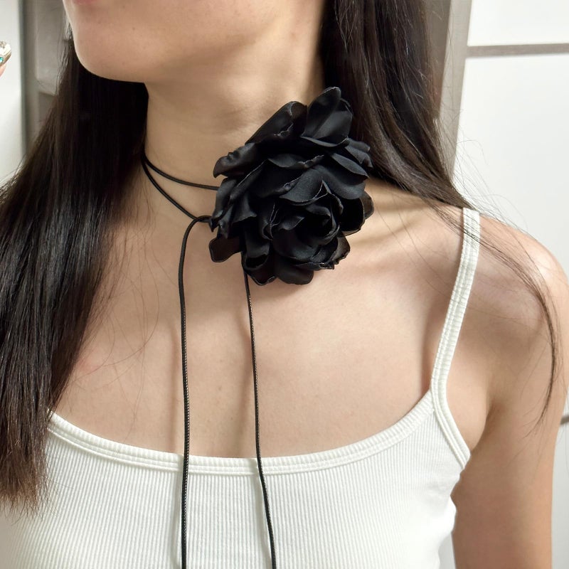HTH Flower Choker Necklace for Women Colorful Vintage Rose Flower Velvet Choker Long Silk Ribbon Flora Choker Necklace Wedding Music Party Decoration Accessories (C-Black) - Image 2