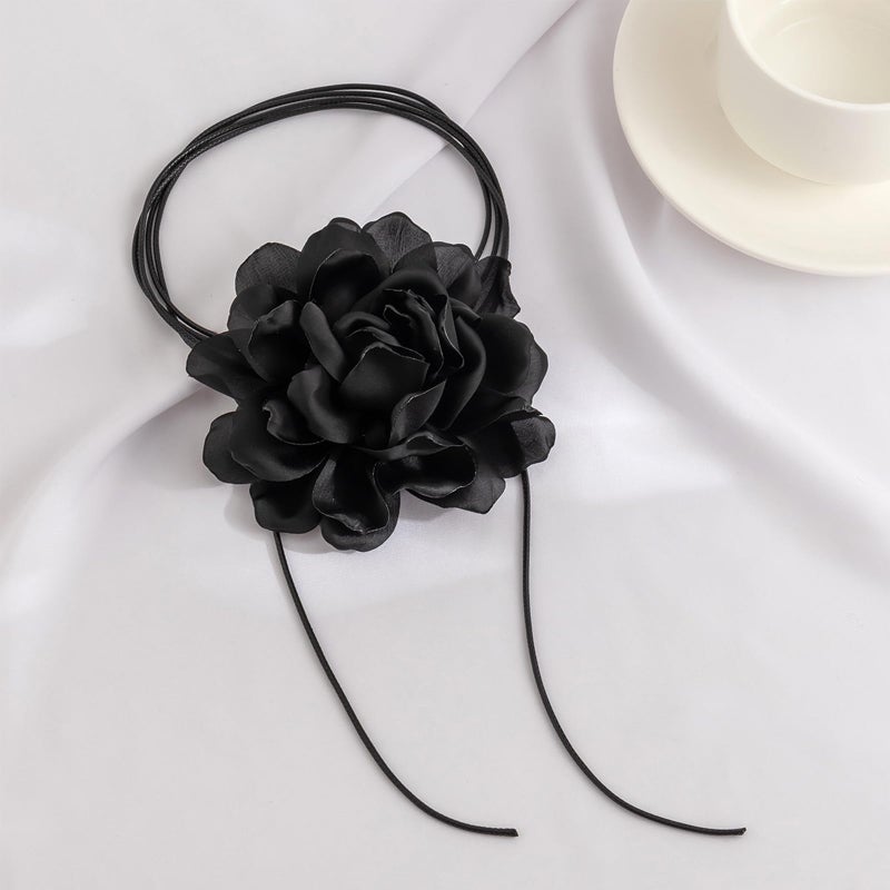 HTH Flower Choker Necklace for Women Colorful Vintage Rose Flower Velvet Choker Long Silk Ribbon Flora Choker Necklace Wedding Music Party Decoration Accessories (C-Black) - Image 5