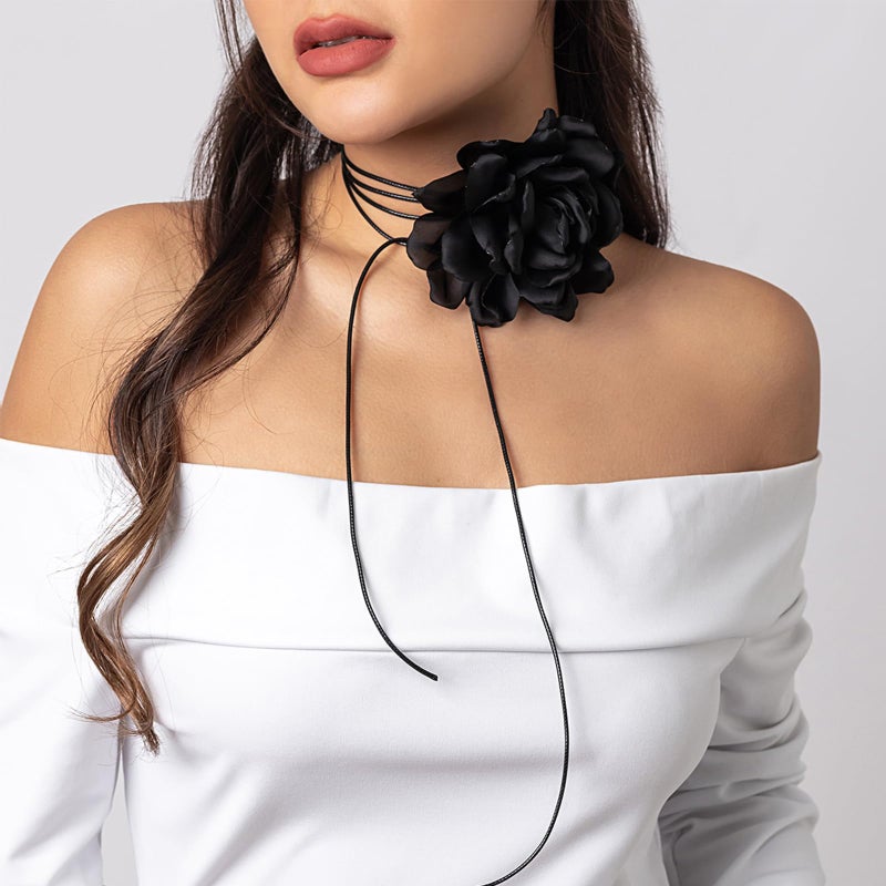 HTH Flower Choker Necklace for Women Colorful Vintage Rose Flower Velvet Choker Long Silk Ribbon Flora Choker Necklace Wedding Music Party Decoration Accessories (C-Black) - Image 3