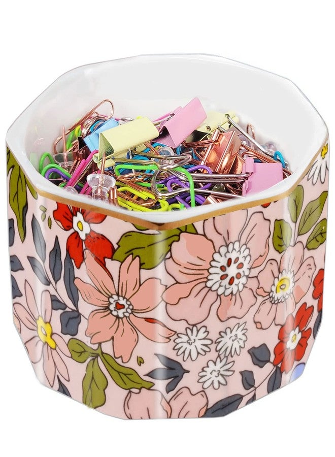LEAZUL Ceramic Paper Clip Holder Gold Line Paper Clip Dispenser Organizer for Desk Cute Floral Pattern Office Binder Clip Holder Bobby Pin and Hair Clip Holder Gift for Office Pink Flowers - Image 1