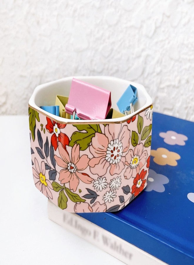 LEAZUL Ceramic Paper Clip Holder Gold Line Paper Clip Dispenser Organizer for Desk Cute Floral Pattern Office Binder Clip Holder Bobby Pin and Hair Clip Holder Gift for Office Pink Flowers - Image 3