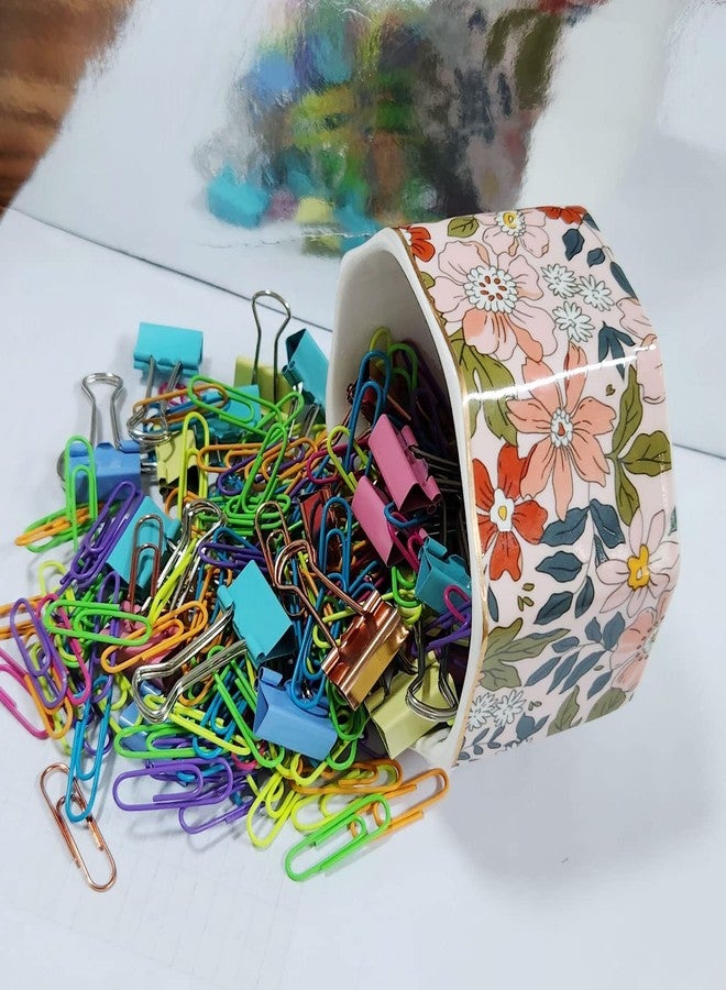LEAZUL Ceramic Paper Clip Holder Gold Line Paper Clip Dispenser Organizer for Desk Cute Floral Pattern Office Binder Clip Holder Bobby Pin and Hair Clip Holder Gift for Office Pink Flowers - Image 4