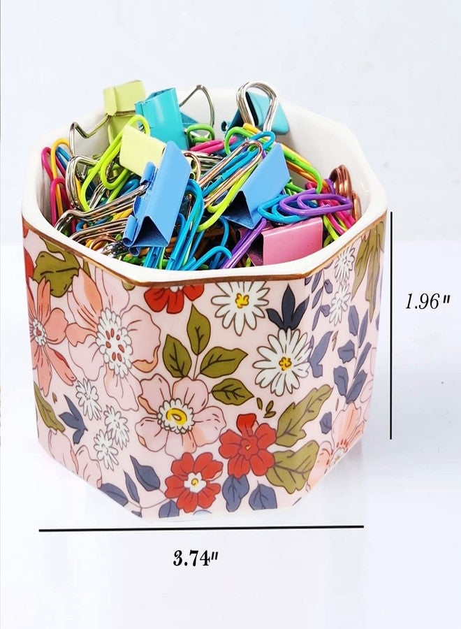 LEAZUL Ceramic Paper Clip Holder Gold Line Paper Clip Dispenser Organizer for Desk Cute Floral Pattern Office Binder Clip Holder Bobby Pin and Hair Clip Holder Gift for Office Pink Flowers - Image 2