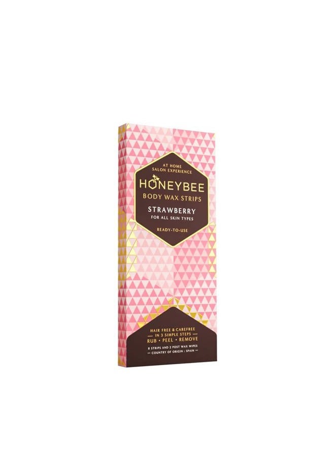 Honeybee Body Wax Strips| Waxing Strips for Women and Men| Hair Removal for All Skin| 8 Strips, 2 After Care Wipes (Strawberry) - Image 1