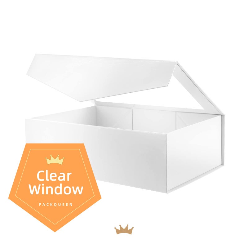 PACKQUEEN Large White Gift Box with Window, 13.5x9x4.1 Inches Clear Gift Box for Present Contains Ribbon, Card, Bridesmaid Proposal Box with Magnetic Lid (Glossy White) - Image 3