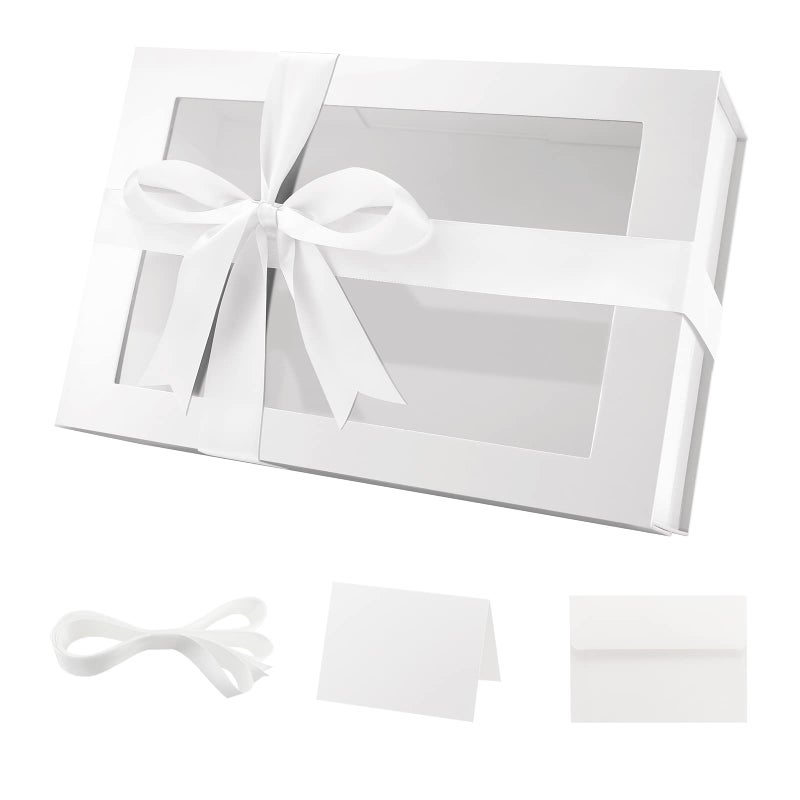 PACKQUEEN Large White Gift Box with Window, 13.5x9x4.1 Inches Clear Gift Box for Present Contains Ribbon, Card, Bridesmaid Proposal Box with Magnetic Lid (Glossy White) - Image 1