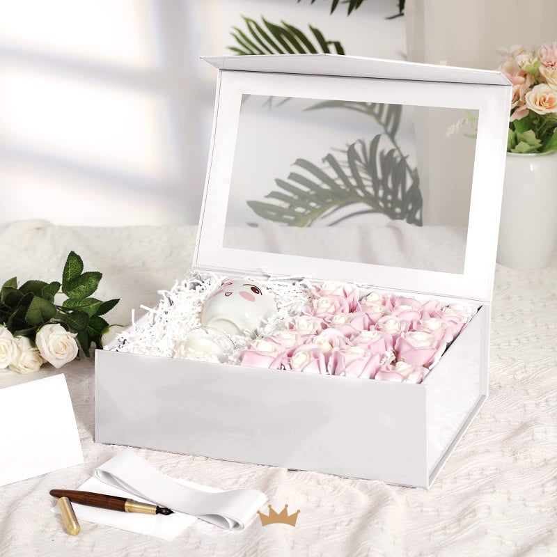 PACKQUEEN Large White Gift Box with Window, 13.5x9x4.1 Inches Clear Gift Box for Present Contains Ribbon, Card, Bridesmaid Proposal Box with Magnetic Lid (Glossy White) - Image 2