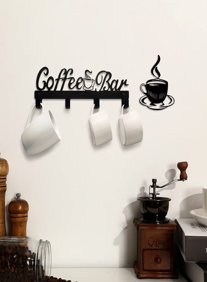 Hotop 2 Pieces Coffee Mug Holder Wall Mounted Metal Cup Rack Hanger with 4 Hooks and Metal Sign Modern Coffee Bar Decor Organizer Storage Display Cup Rack Art for Kitchen - Image 1