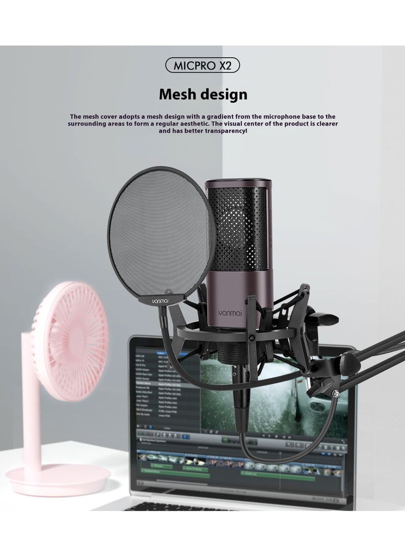Yanmai MICPRO X2 Cardioid Condenser Microphone Bundle – Gradient Mesh, Active Noise Reduction, All-Metal Plug-and-Play Kit with Shock Mount & Pop Filter for Studio, Streaming, Gaming & Music