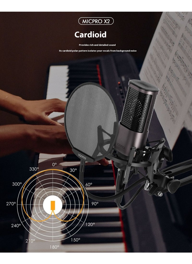 Yanmai MICPRO X2 Cardioid Condenser Microphone Bundle – Gradient Mesh, Active Noise Reduction, All-Metal Plug-and-Play Kit with Shock Mount & Pop Filter for Studio, Streaming, Gaming & Music