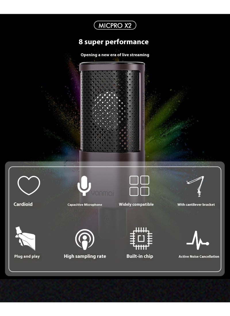 Yanmai MICPRO X2 Cardioid Condenser Microphone Bundle – Gradient Mesh, Active Noise Reduction, All-Metal Plug-and-Play Kit with Shock Mount & Pop Filter for Studio, Streaming, Gaming & Music