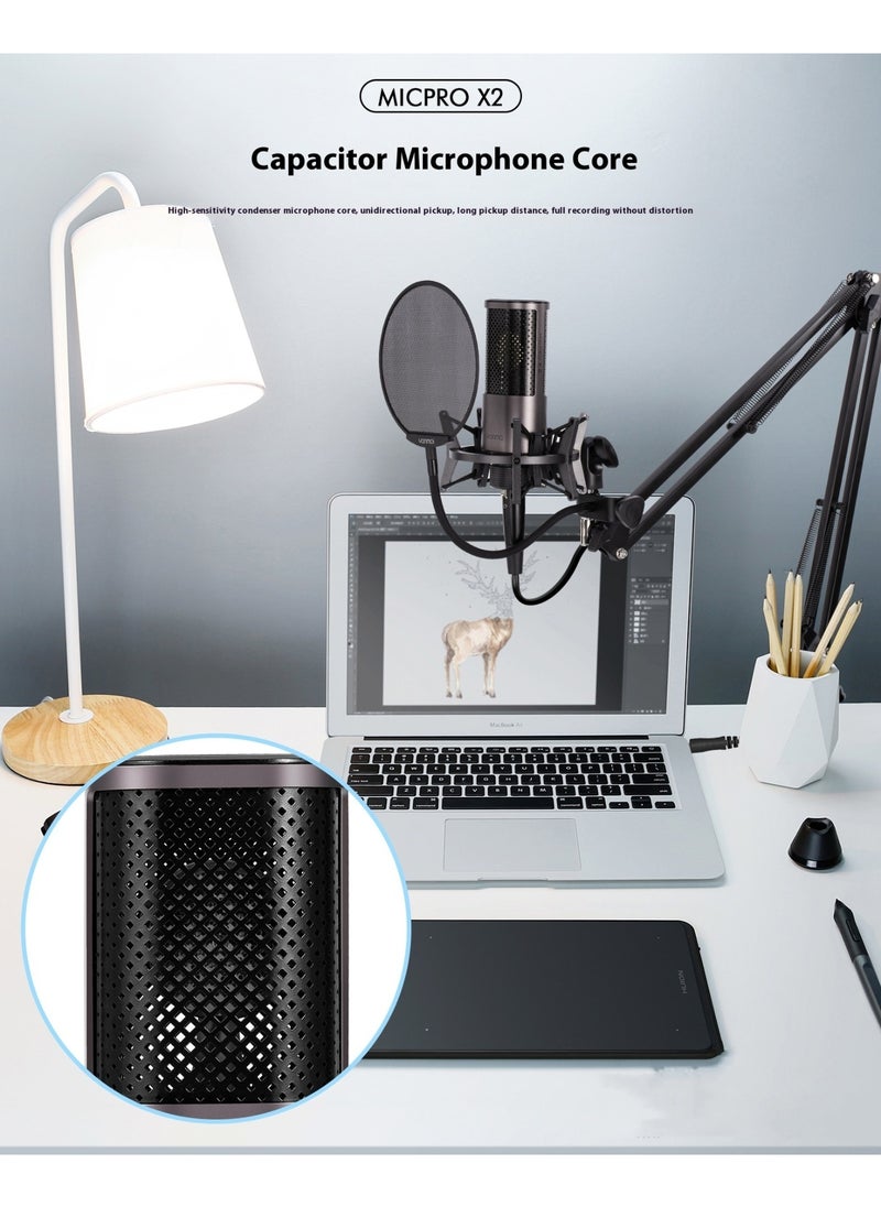 Yanmai MICPRO X2 Cardioid Condenser Microphone Bundle – Gradient Mesh, Active Noise Reduction, All-Metal Plug-and-Play Kit with Shock Mount & Pop Filter for Studio, Streaming, Gaming & Music