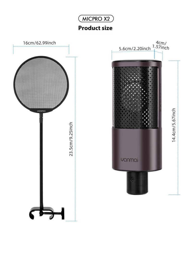 Yanmai MICPRO X2 Cardioid Condenser Microphone Bundle – Gradient Mesh, Active Noise Reduction, All-Metal Plug-and-Play Kit with Shock Mount & Pop Filter for Studio, Streaming, Gaming & Music