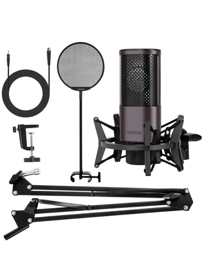 Yanmai MICPRO X2 Cardioid Condenser Microphone Bundle – Gradient Mesh, Active Noise Reduction, All-Metal Plug-and-Play Kit with Shock Mount & Pop Filter for Studio, Streaming, Gaming & Music