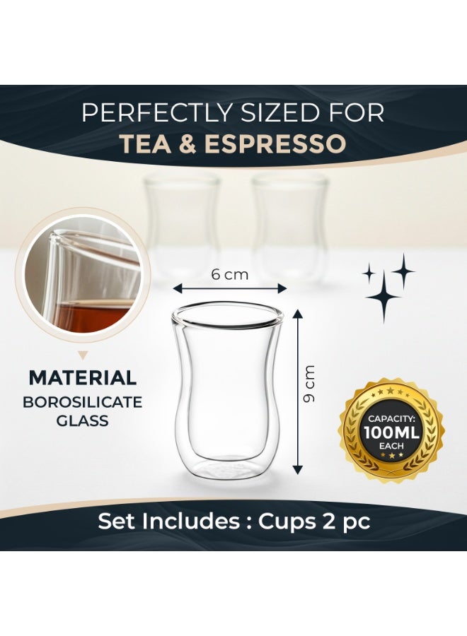 BLACKSTONE Double Wall Estikana Tea Glasses, Set of 2, 100ml, Borosilicate Insulated Tea and Coffee Glasses, Clear, DG891 - Image 4