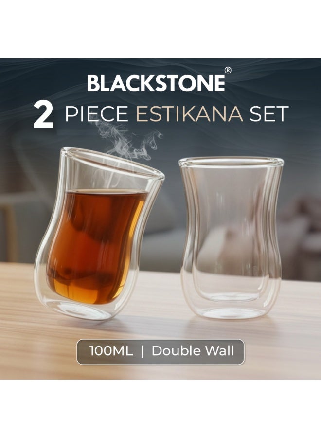 BLACKSTONE Double Wall Estikana Tea Glasses, Set of 2, 100ml, Borosilicate Insulated Tea and Coffee Glasses, Clear, DG891 - Image 2