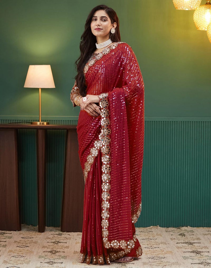 SIRIL Women's Georgette Sequence Embroidery Mirror Work Saree with Unstitched Blouse Piece(4215S387-Red) - Image 3