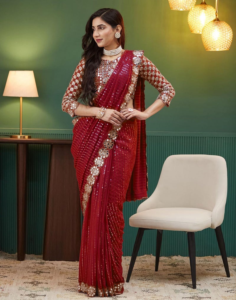 SIRIL Women's Georgette Sequence Embroidery Mirror Work Saree with Unstitched Blouse Piece(4215S387-Red) - Image 4