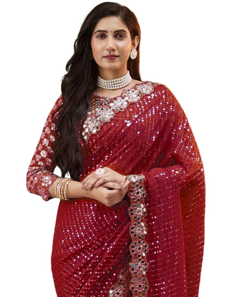 SIRIL Women's Georgette Sequence Embroidery Mirror Work Saree with Unstitched Blouse Piece(4215S387-Red) - Image 1