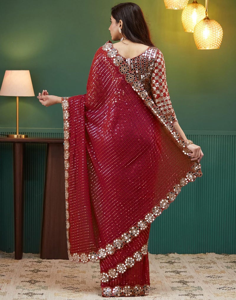 SIRIL Women's Georgette Sequence Embroidery Mirror Work Saree with Unstitched Blouse Piece(4215S387-Red) - Image 5