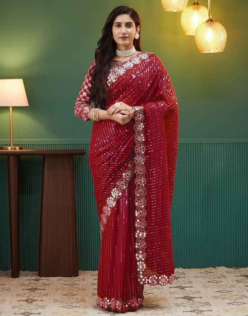 SIRIL Women's Georgette Sequence Embroidery Mirror Work Saree with Unstitched Blouse Piece(4215S387-Red) - Image 2