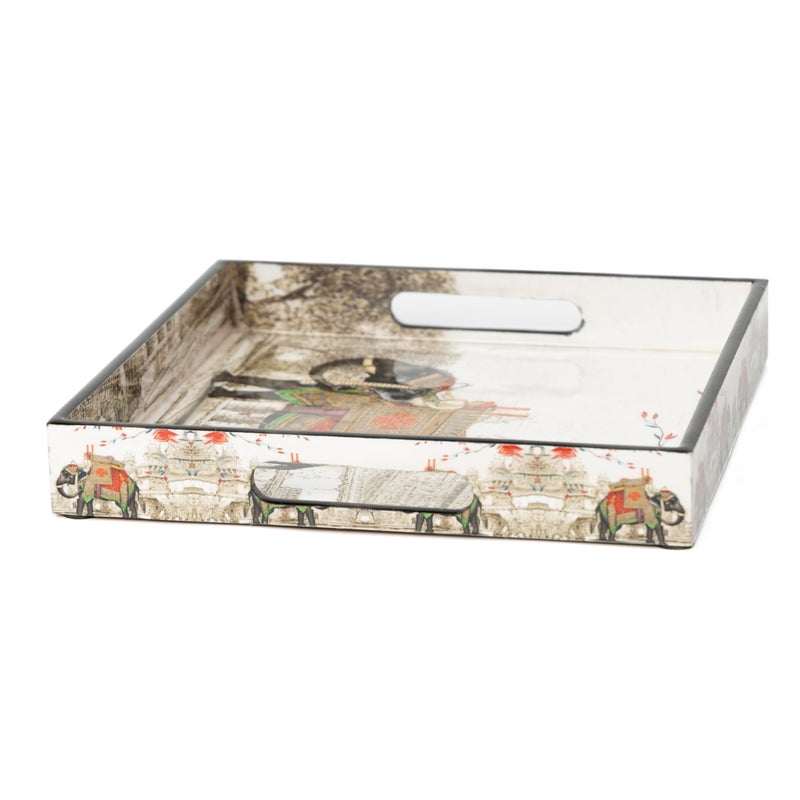 DULI 10x10 Inches MDF Serving Tray with Royal Elephant Print, Handles, and Lacquered Coating - Decorative and Functional Tray (MCDTray: WhiteRedElephant) - Image 4