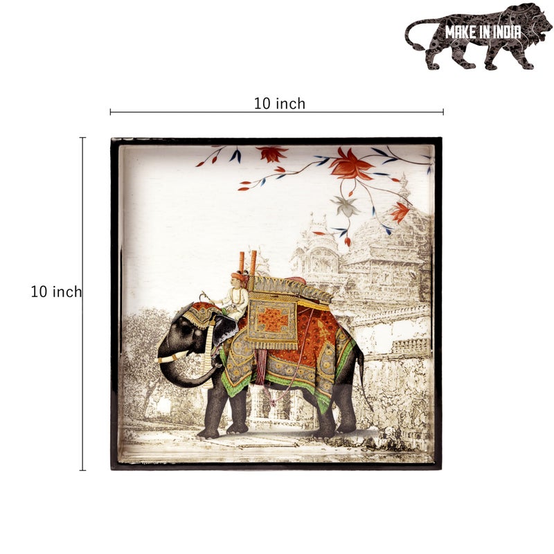 DULI 10x10 Inches MDF Serving Tray with Royal Elephant Print, Handles, and Lacquered Coating - Decorative and Functional Tray (MCDTray: WhiteRedElephant) - Image 5