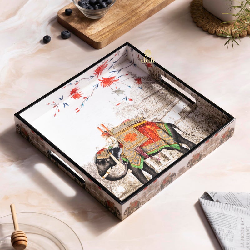 DULI 10x10 Inches MDF Serving Tray with Royal Elephant Print, Handles, and Lacquered Coating - Decorative and Functional Tray (MCDTray: WhiteRedElephant) - Image 1