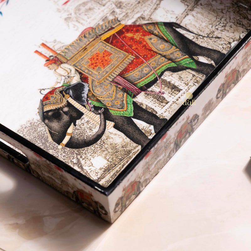 DULI 10x10 Inches MDF Serving Tray with Royal Elephant Print, Handles, and Lacquered Coating - Decorative and Functional Tray (MCDTray: WhiteRedElephant) - Image 2