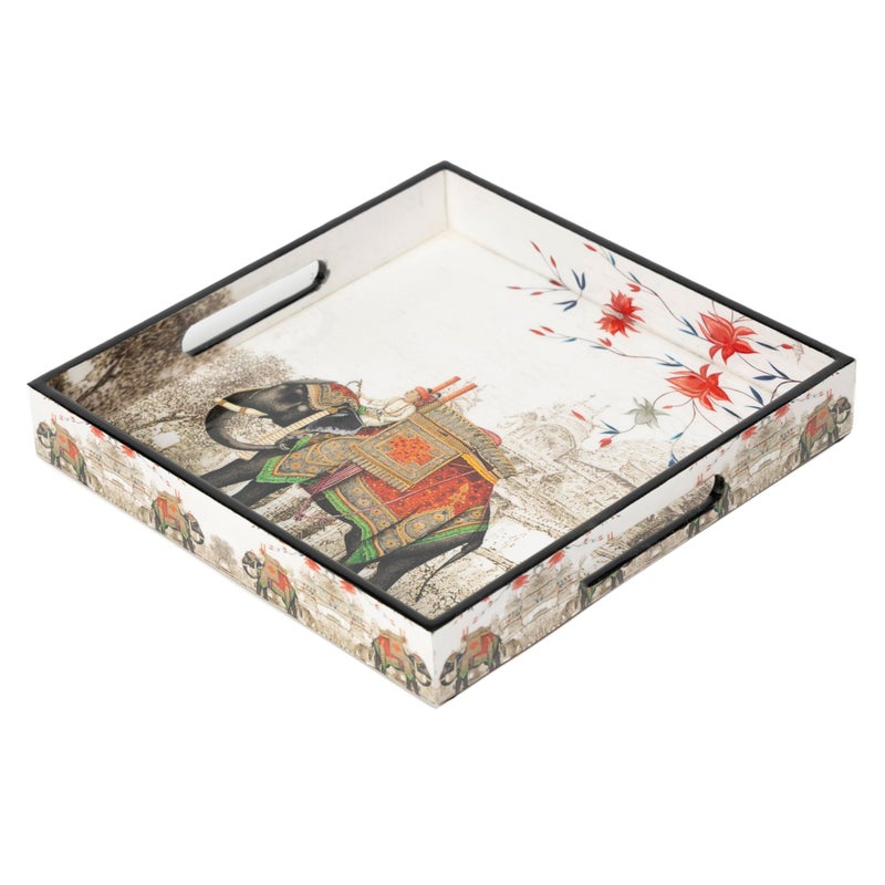 DULI 10x10 Inches MDF Serving Tray with Royal Elephant Print, Handles, and Lacquered Coating - Decorative and Functional Tray (MCDTray: WhiteRedElephant) - Image 3