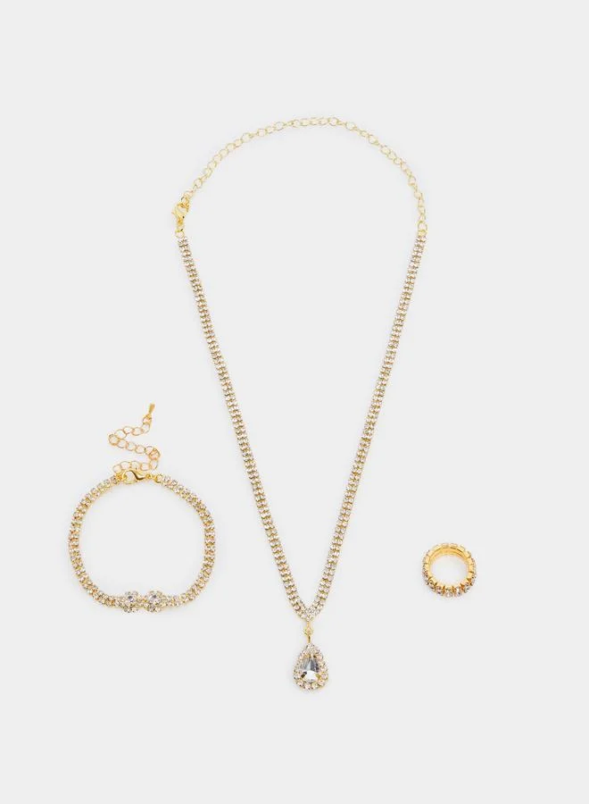 Gold Rhinestone Necklace with Ring and Bracelet Set