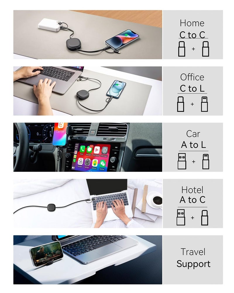 Minlu Multi Charging Cable, 2Pack 5 in 1 Retractable Lightning Charger Cable 60W USB C to USB C Fast Charging,Multiple USBC Cord Multi Car Charger for iPhone 17/16/15/14 Pro Max,iPad,Samsung S25 S24,Tablets - Image 3