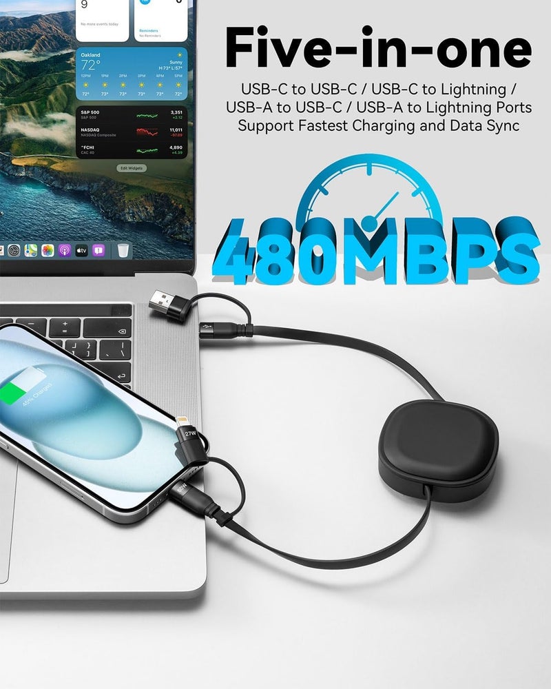 Minlu Multi Charging Cable, 2Pack 5 in 1 Retractable Lightning Charger Cable 60W USB C to USB C Fast Charging,Multiple USBC Cord Multi Car Charger for iPhone 17/16/15/14 Pro Max,iPad,Samsung S25 S24,Tablets - Image 4