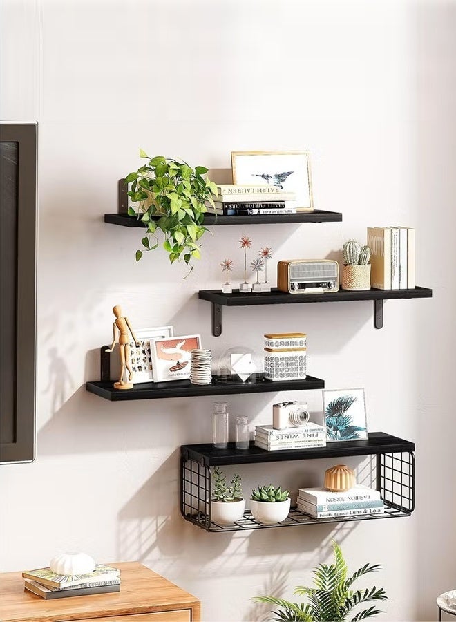 Exquisite 4 Pcs Black Floating Wall Shelves, Rustic Wood & Metal Wall-Mounted Storage Racks with Mesh Guard, Multi-Layer Design, Large & Deep Shelves for Bedroom, Bathroom, Kitchen, Living Room, Laundry & Closet Décor - Image 2