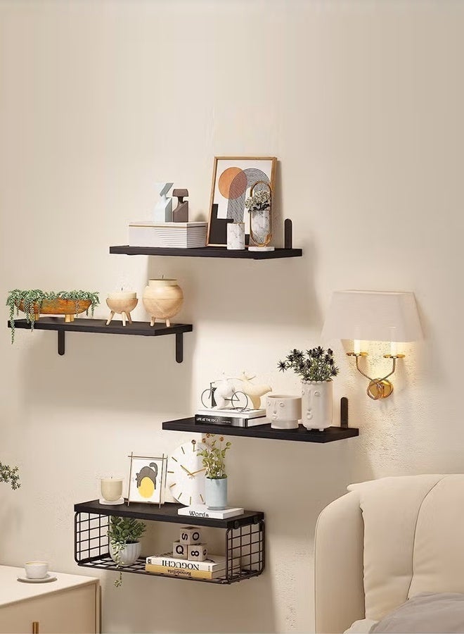 Exquisite 4 Pcs Black Floating Wall Shelves, Rustic Wood & Metal Wall-Mounted Storage Racks with Mesh Guard, Multi-Layer Design, Large & Deep Shelves for Bedroom, Bathroom, Kitchen, Living Room, Laundry & Closet Décor - Image 5