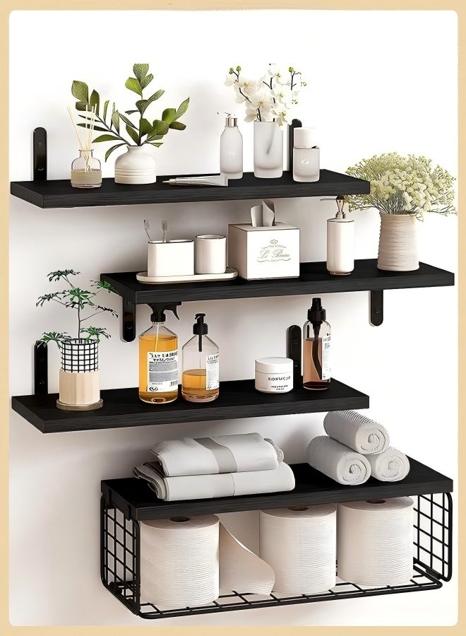 Exquisite 4 Pcs Black Floating Wall Shelves, Rustic Wood & Metal Wall-Mounted Storage Racks with Mesh Guard, Multi-Layer Design, Large & Deep Shelves for Bedroom, Bathroom, Kitchen, Living Room, Laundry & Closet Décor - Image 1